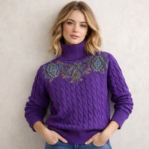 Vintage IB Diffusion Cable Sweater Women's size XS Beaded Turtleneck Purple Silk
